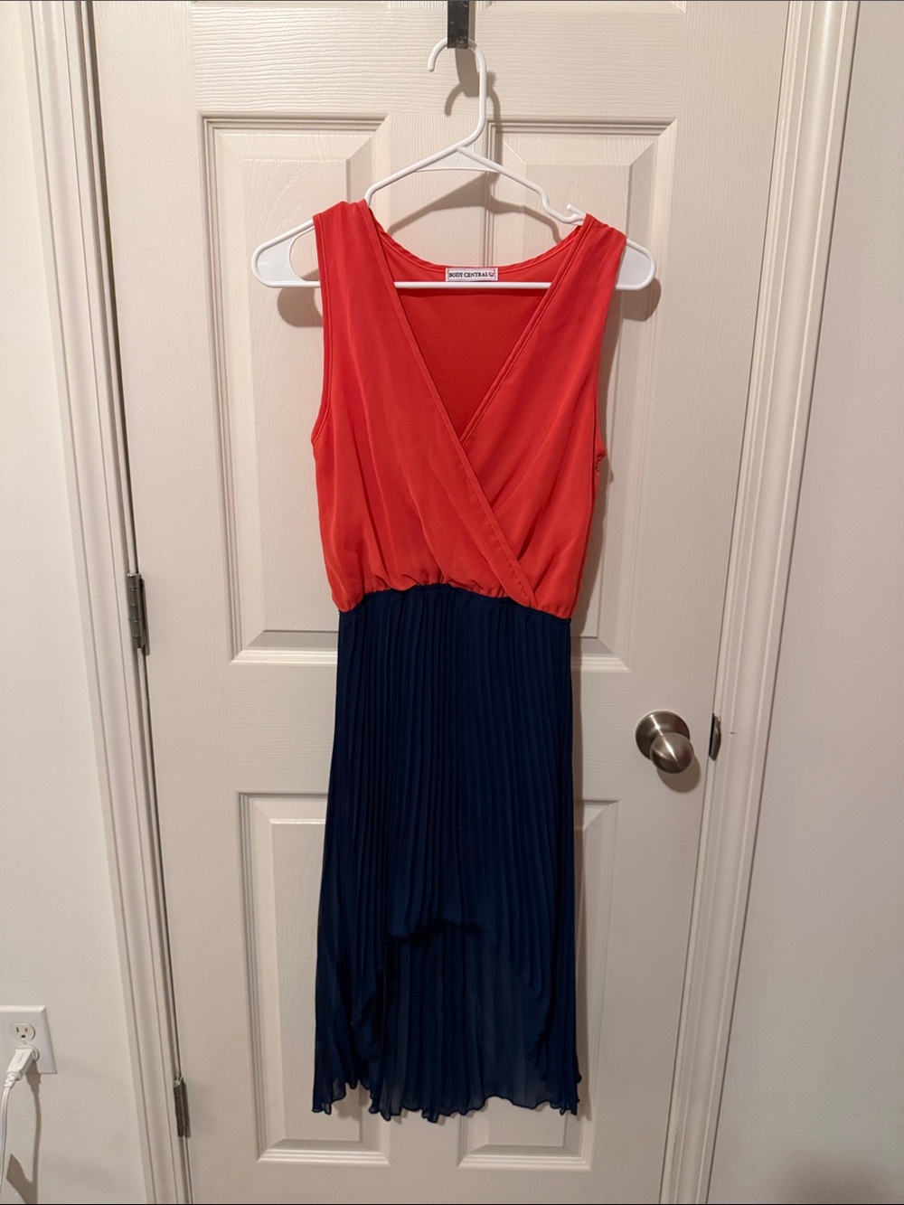 Body Central Red and Navy High-Low Pleated Dress